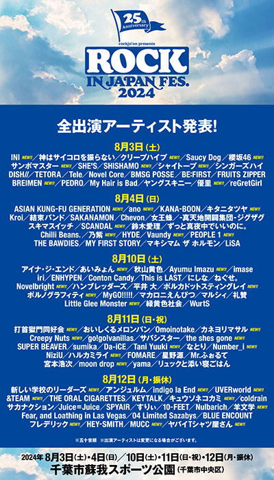 8/3 INI、8/4 ano、SCANDALらが出演決定！＜ROCK IN JAPAN FESTIVAL 2024＞